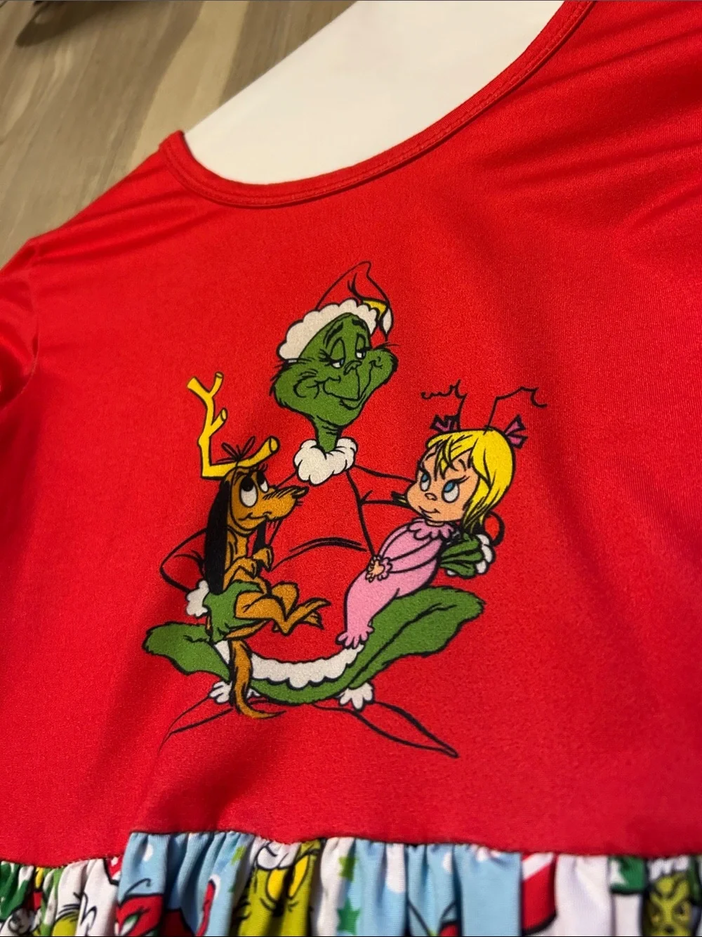 Grinch Holiday Dress with Heart Pockets - Red & Multicolor girls 7-8